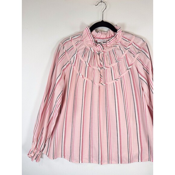 CLAUDIE PIERLOT Womens Top Pink Ruffle Pinstriped Long Sleeve Blouse 40 US Large - Picture 3 of 9